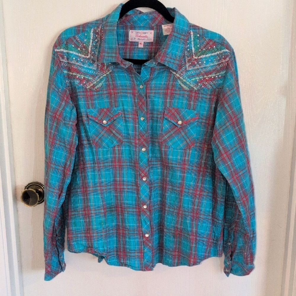 Royal Robbins Turquoise Plaid Button-Down Shirt with Embellished Yoke